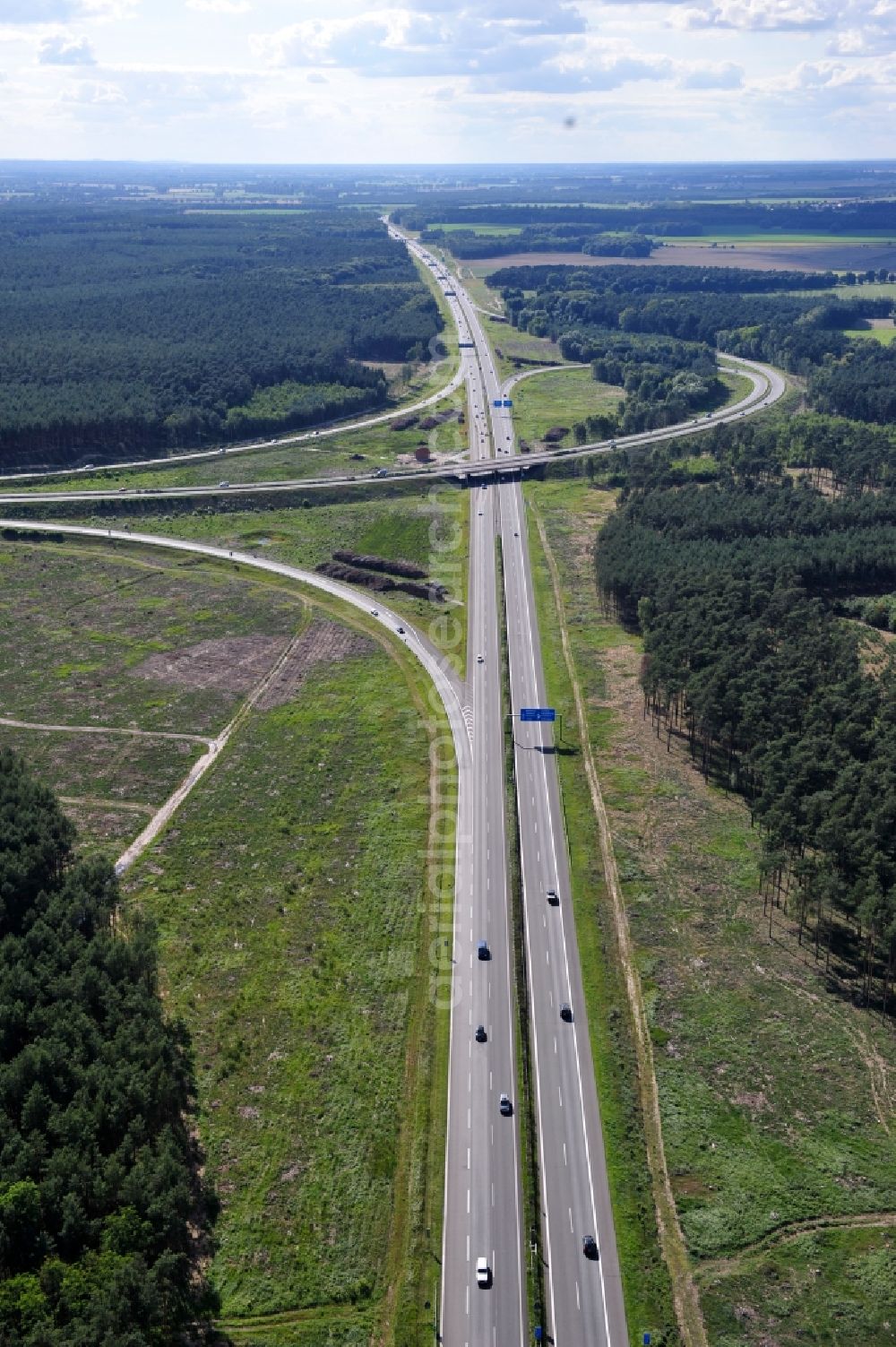 Groß Ziethen from above - Preparations resp. tree felling for the expansion of the junction Havelland at the motorway A10 and A24 in the state Brandenburg