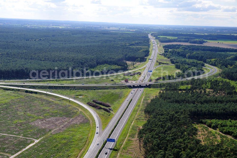 Groß Ziethen from the bird's eye view: Preparations resp. tree felling for the expansion of the junction Havelland at the motorway A10 and A24 in the state Brandenburg