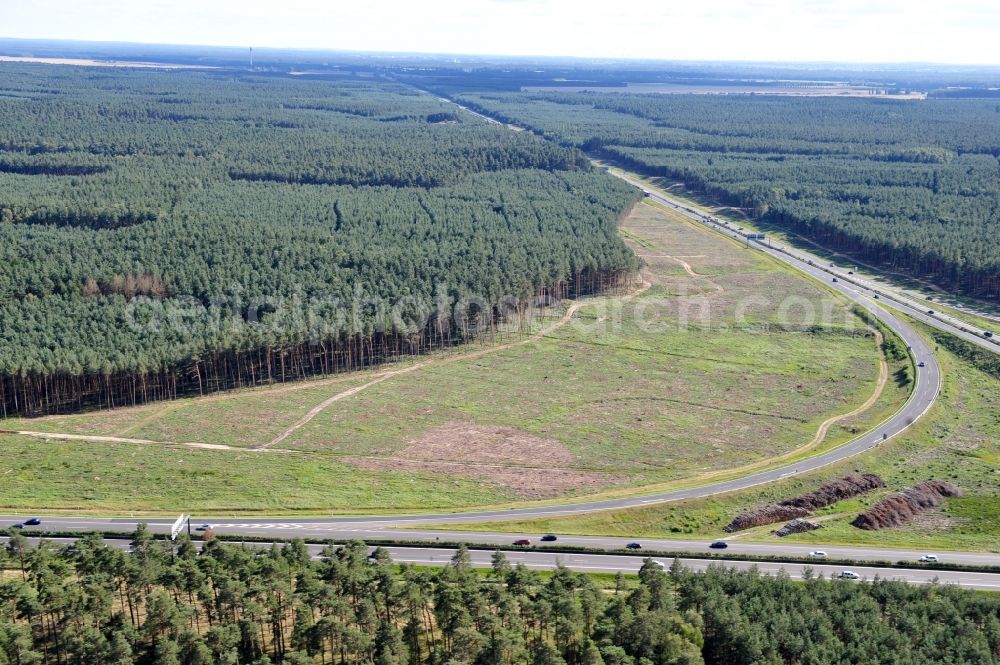 Groß Ziethen from the bird's eye view: Preparations resp. tree felling for the expansion of the junction Havelland at the motorway A10 and A24 in the state Brandenburg