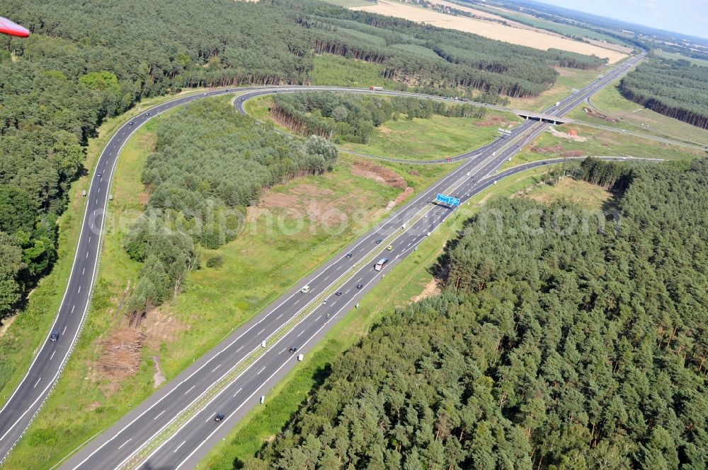 Groß Ziethen from the bird's eye view: Preparations resp. tree felling for the expansion of the junction Havelland at the motorway A10 and A24 in the state Brandenburg