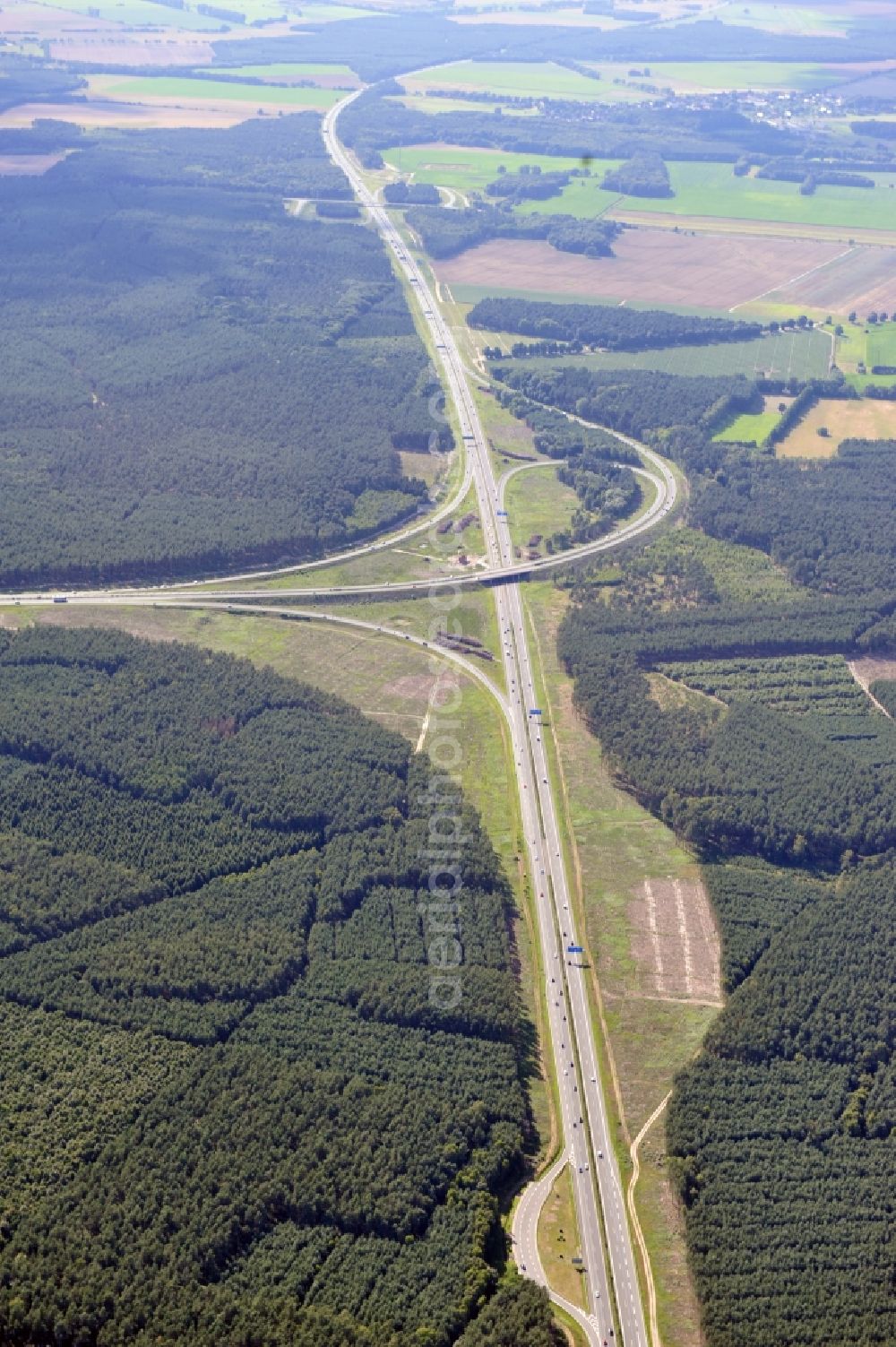 Groß Ziethen from above - Preparations resp. tree felling for the expansion of the junction Havelland at the motorway A10 and A24 in the state Brandenburg