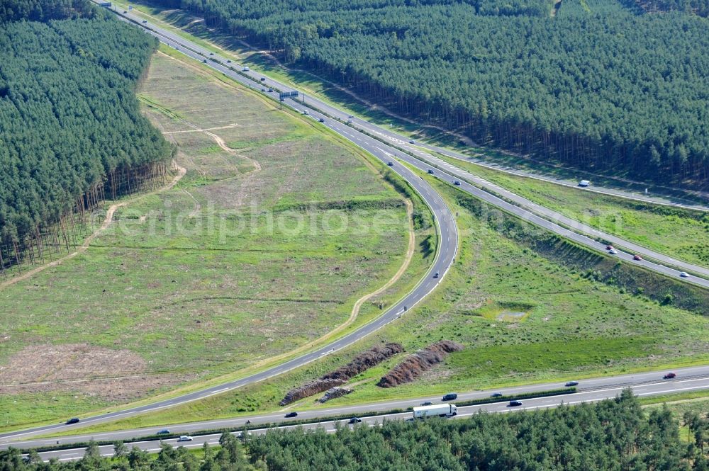 Groß Ziethen from the bird's eye view: Preparations resp. tree felling for the expansion of the junction Havelland at the motorway A10 and A24 in the state Brandenburg