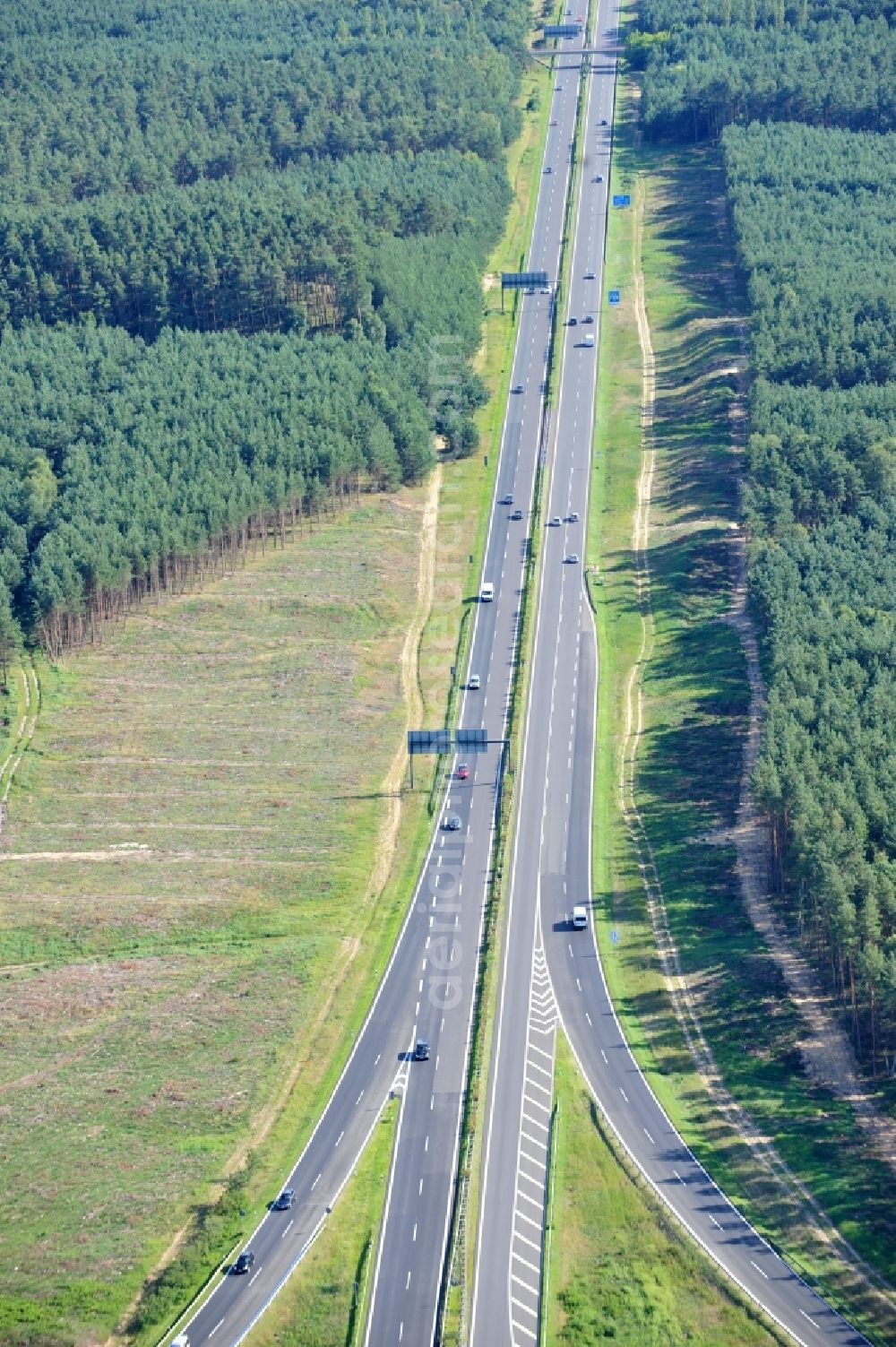 Groß Ziethen from the bird's eye view: Preparations resp. tree felling for the expansion of the junction Havelland at the motorway A10 and A24 in the state Brandenburg