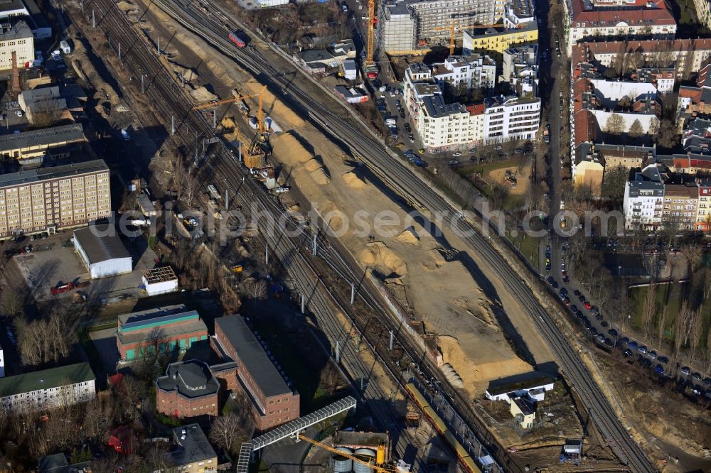 Berlin from above - Preparations for the construction of the bridge to the South Stand at the station Ostkreuz in Berlin-Friedrichshain are well advanced. Good to see the heaped mound