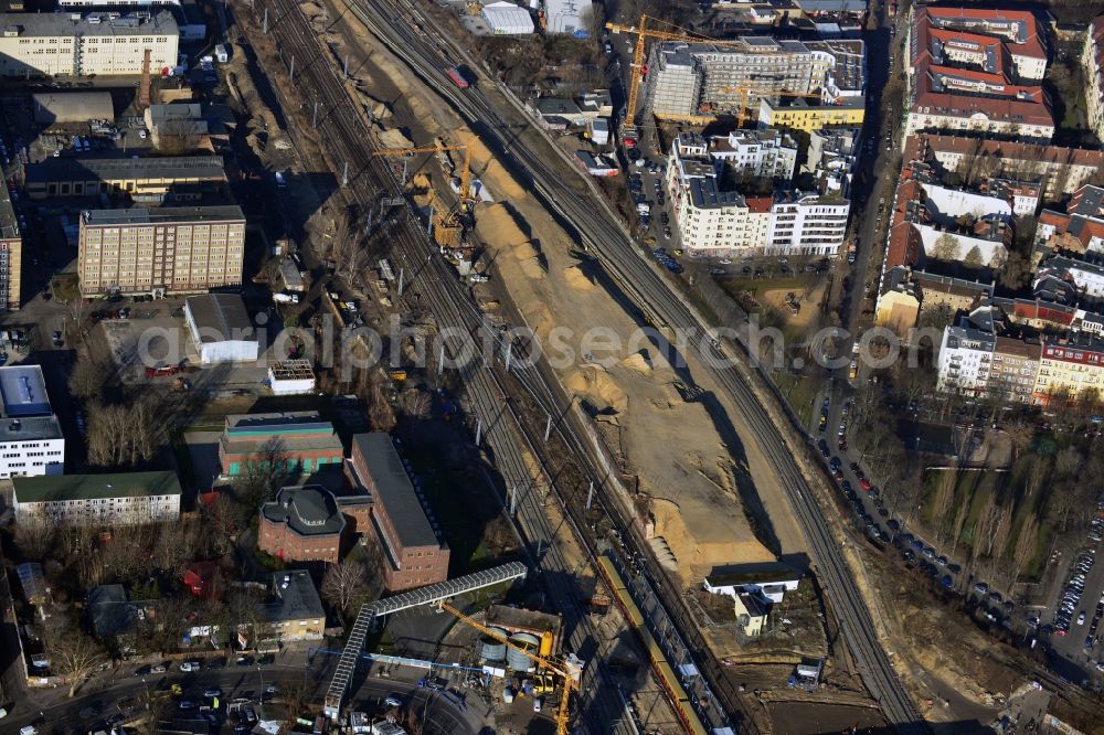 Berlin from the bird's eye view: Preparations for the construction of the bridge to the South Stand at the station Ostkreuz in Berlin-Friedrichshain are well advanced. Good to see the heaped mound