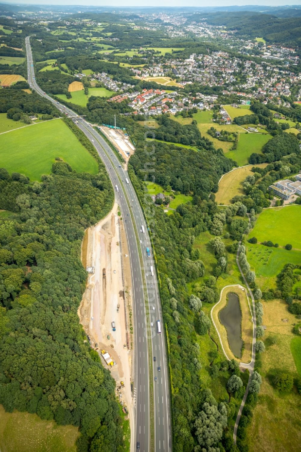 Aerial image Sprockhövel - Highway- Construction site with earthworks along the route and of the route of the highway of A1 in Gevelsberg in the state North Rhine-Westphalia, Germany