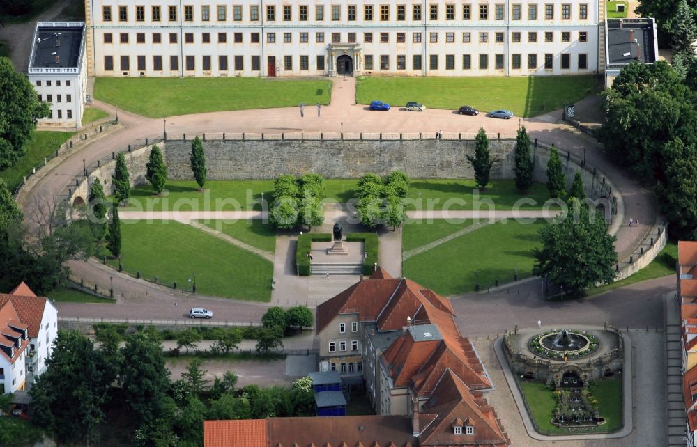 Gotha from above - On the oval forecourt of Schloss Friedenstein in Gotha in Thuringia is the monument of Ernst the Pious, the first duke of the House of Saxe-Gotha-Altenburg. The Duke read lock Friedensstein build and read there also accommodate a mint. On the Triangular square there is the Gotha water art, which is fed by the Leinekanal