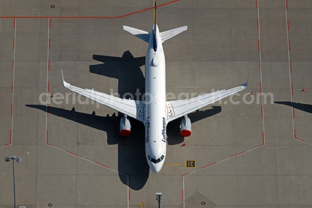 Stuttgart from above - Passenger aircraft parked due to the crisis and pandemic on the parking position - parking area at the airport in Stuttgart during the corona lockdown in the state Baden-Wuerttemberg, Germany