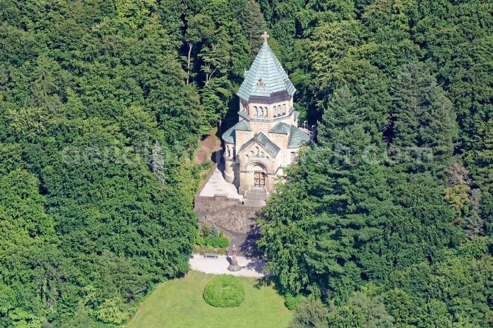 Aerial image Berg - Churches building the chapel St. Ludwig in Berg in the state Bavaria, Germany