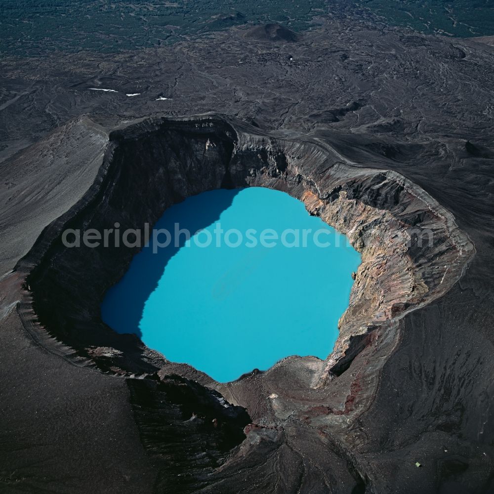 Aerial photograph Stratovolcano - Blue lake in the volcanoes and crater landscape Maly Semyachik in Stratovolcano in Region Kamtschatka, Russia