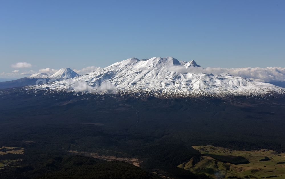 Aerial image Tongariro National Park - Volcanoes and crater landscape Mount Ruapehn and Mount Ngauruhoe in Tongariro National Park in Manawatu-Wanganui, New Zealand