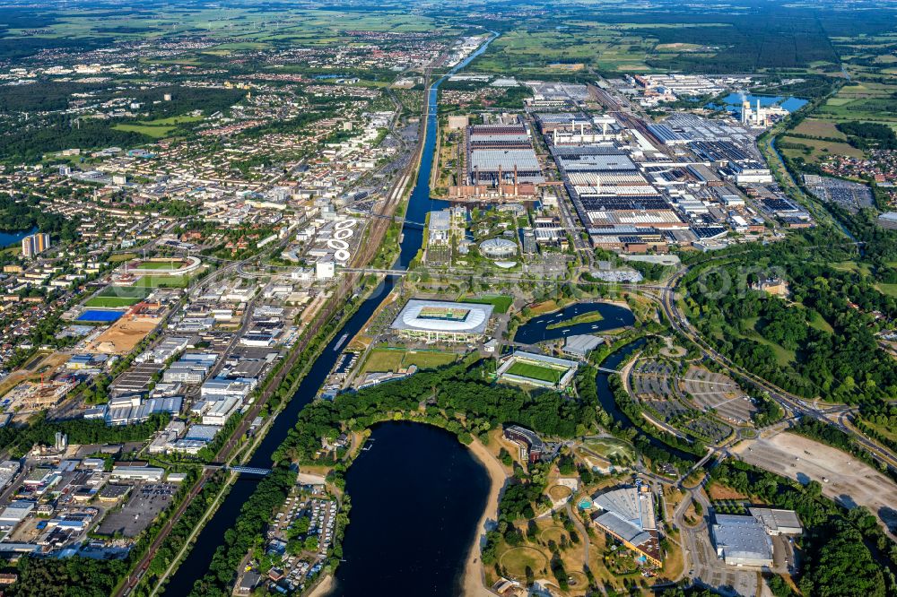 Wolfsburg from the bird's eye view: View of the VW - factory premises research & development of Volkswagen AG on street VW-Mittelstrasse in Wolfsburg in the state of Lower Saxony