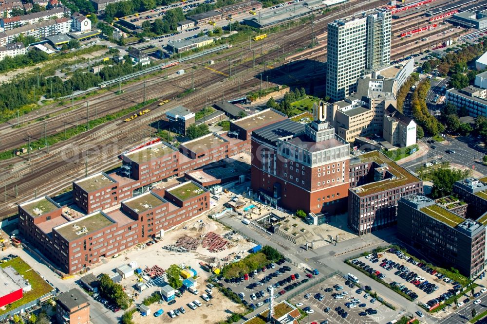 Dortmund from above - Landmark Dortmunder U close to the city center of Dortmund in the Ruhr region in the state of North Rhine - Westphalia. The industrial complex and tower was originally home to the Union brewery. Today it is a culture, arts and creative hub and is home to the Museum Ostwall