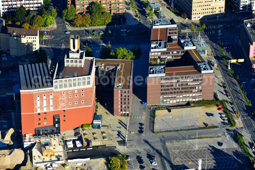 Dortmund from above - Landmark Dortmunder U close to the city center of Dortmund in the Ruhr region in the state of North Rhine - Westphalia. The industrial complex and tower was originally home to the Union brewery. Today it is a culture, arts and creative hub and is home to the Museum Ostwall