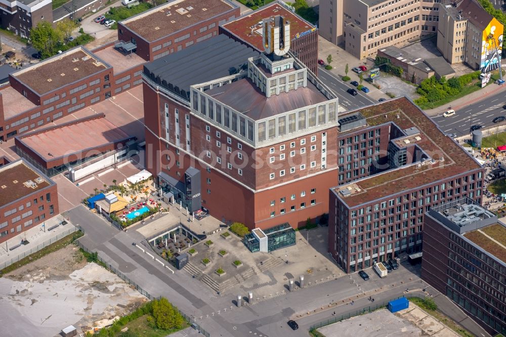 Aerial image Dortmund - Landmark Dortmunder U close to the city center of Dortmund in the Ruhr region in the state of North Rhine - Westphalia. The industrial complex and tower was originally home to the Union brewery. Today it is a culture, arts and creative hub and is home to the Museum Ostwall