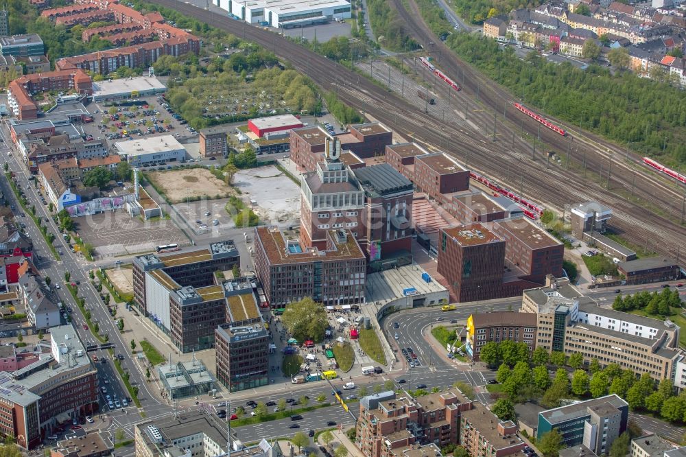 Dortmund from above - Landmark Dortmunder U close to the city center of Dortmund in the Ruhr region in the state of North Rhine - Westphalia. The industrial complex and tower was originally home to the Union brewery. Today it is a culture, arts and creative hub and is home to the Museum Ostwall