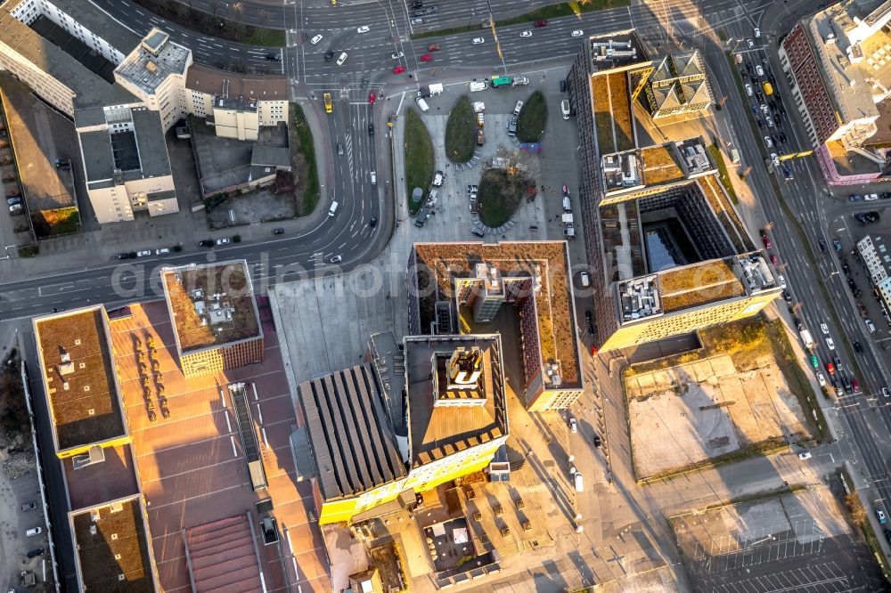 Aerial photograph Dortmund - Landmark Dortmunder U close to the city center of Dortmund in the Ruhr region in the state of North Rhine - Westphalia. The industrial complex and tower was originally home to the Union brewery. Today it is a culture, arts and creative hub and is home to the Museum Ostwall