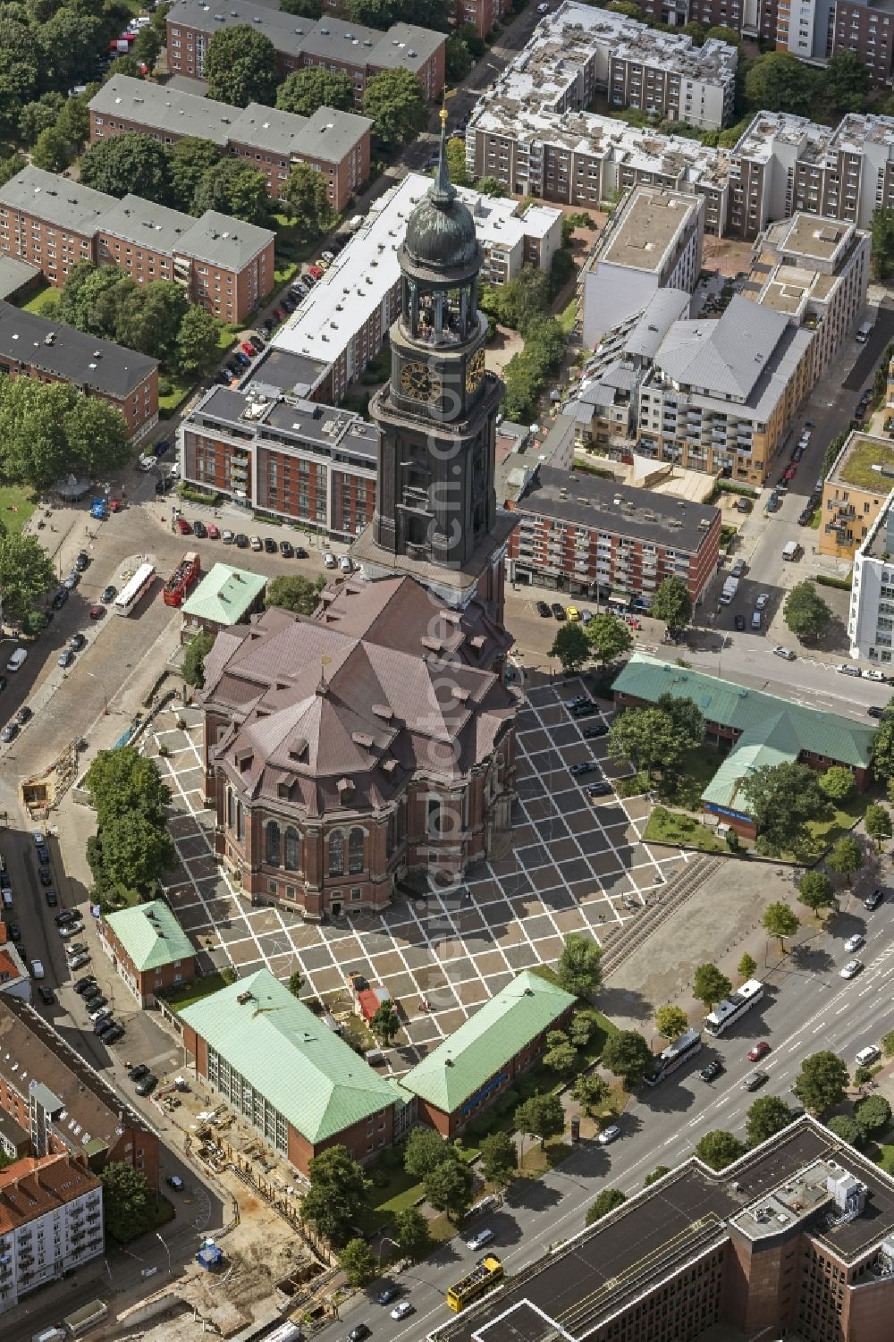 Aerial photograph Hamburg - The Protestant main church of St. Michaelis, called Michel, is the most famous church in Hamburg and a landmark of the Hanseatic city