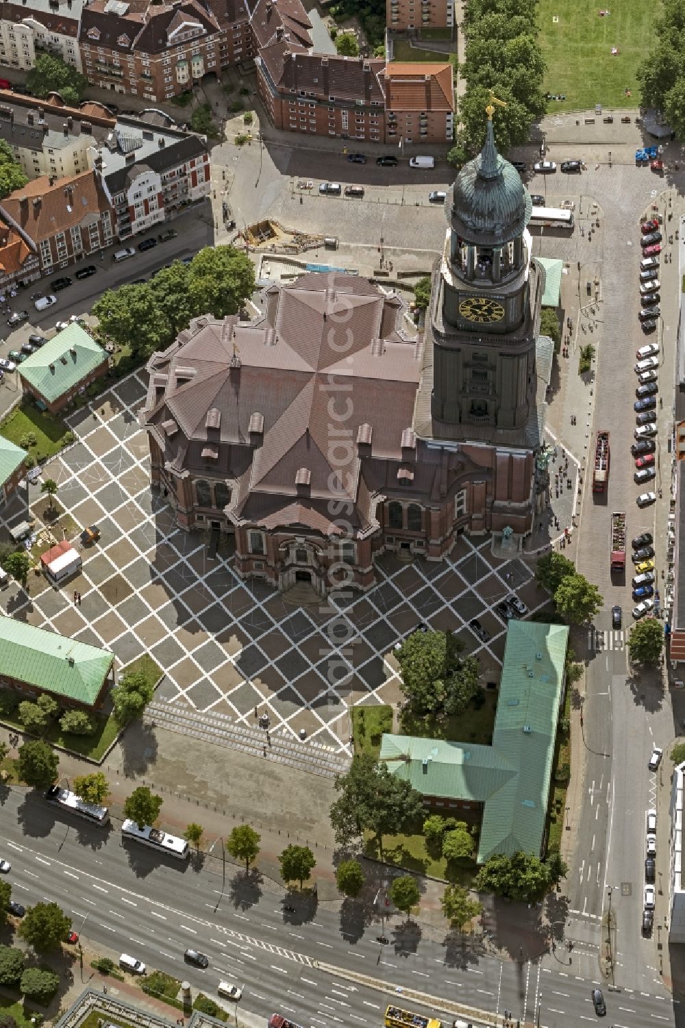 Hamburg from above - The Protestant main church of St. Michaelis, called Michel, is the most famous church in Hamburg and a landmark of the Hanseatic city