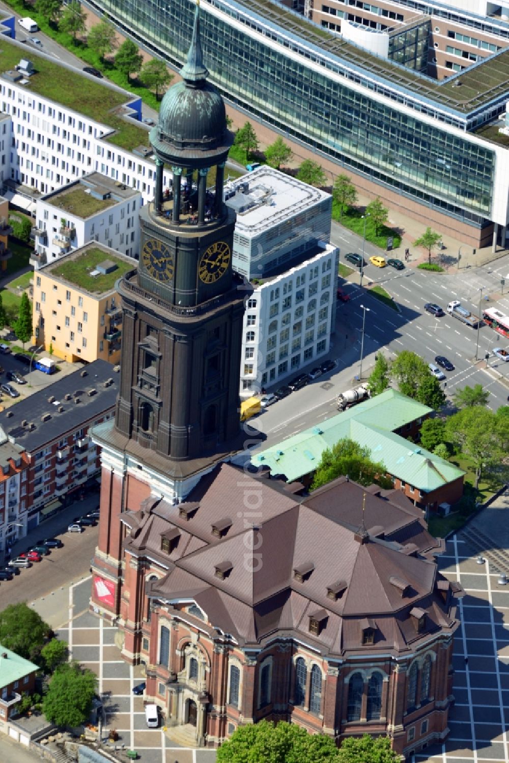 Aerial image Hamburg - The Protestant main church of St. Michaelis, called Michel, is the most famous church in Hamburg and a landmark of the Hanseatic city