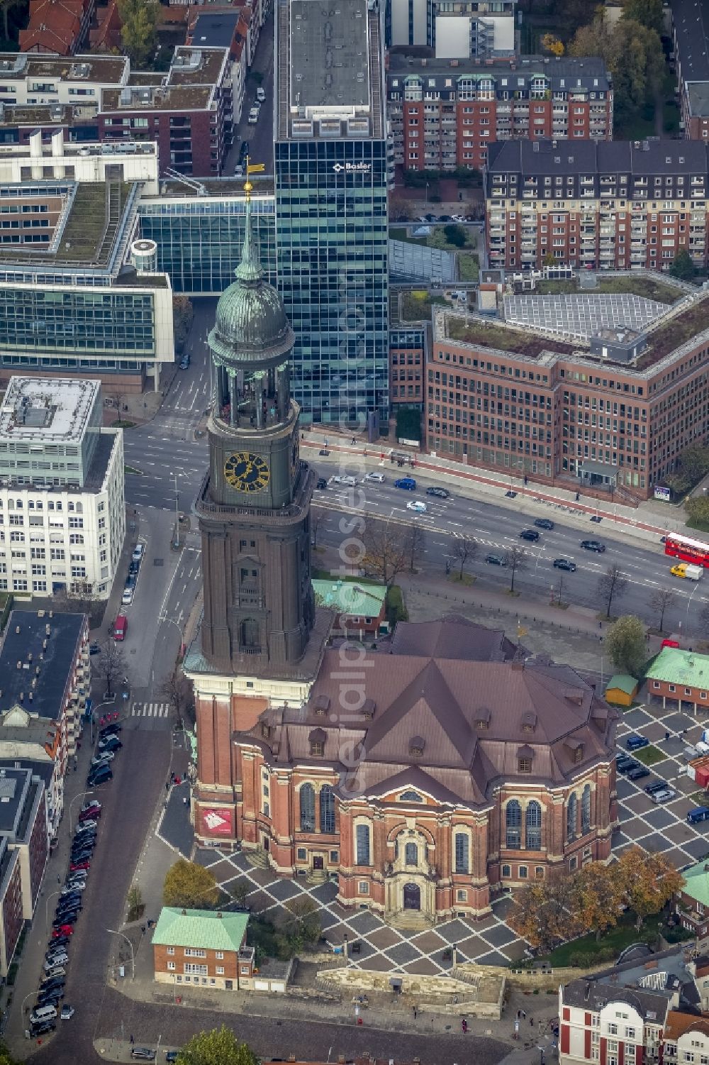 Aerial image Hamburg - The Protestant main church of St. Michaelis, called Michel , is the most famous church in Hamburg and a landmark of the Hanseatic city