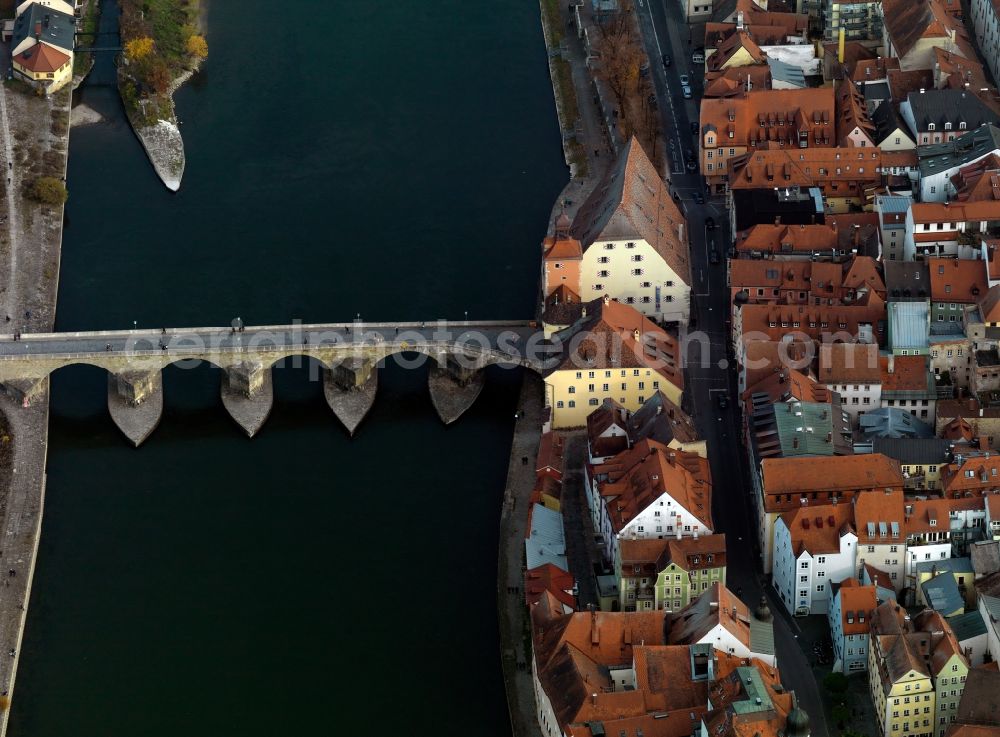 Regensburg from above - Landmark of the Stone Bridge on the banks of the Donau river in Regensburg in Bavaria