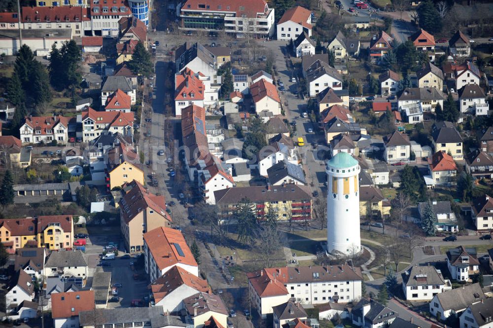 Hockenheim from the bird's eye view: View of the built of reinforced concrete water tower in the center of the city. The landmark of the city was built over 100 years ago