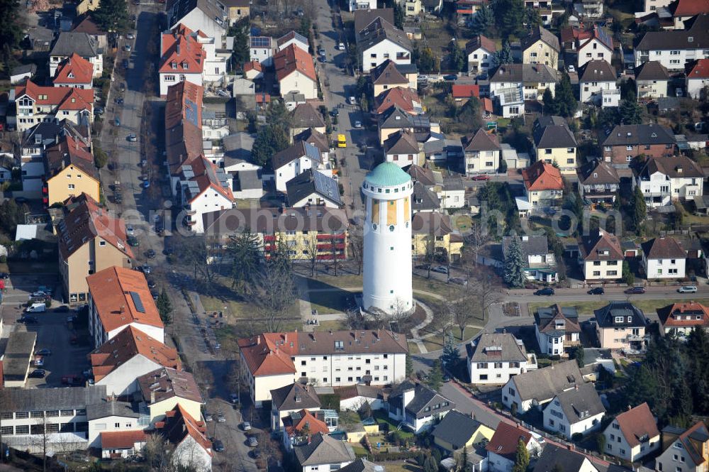 Aerial image Hockenheim - View of the built of reinforced concrete water tower in the center of the city. The landmark of the city was built over 100 years ago