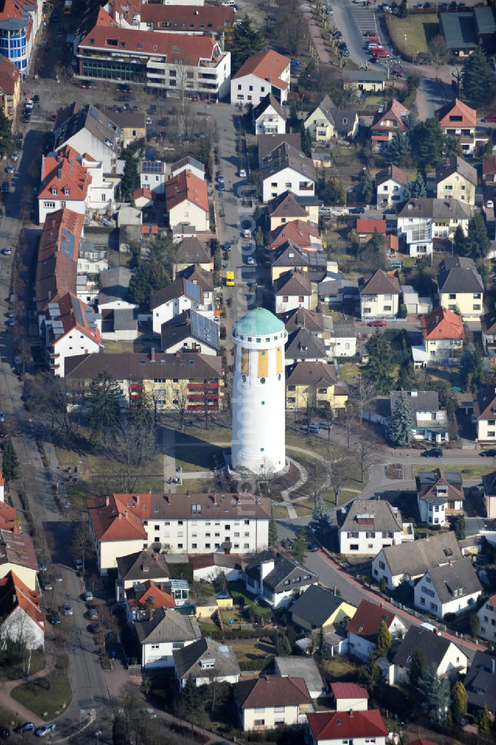 Aerial photograph Hockenheim - View of the built of reinforced concrete water tower in the center of the city. The landmark of the city was built over 100 years ago