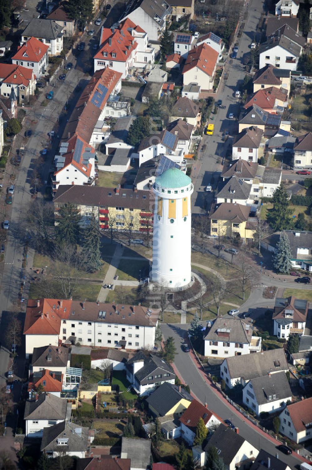 Hockenheim from above - View of the built of reinforced concrete water tower in the center of the city. The landmark of the city was built over 100 years ago