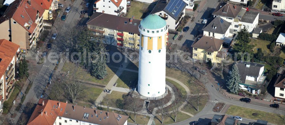 Hockenheim from the bird's eye view: View of the built of reinforced concrete water tower in the center of the city. The landmark of the city was built over 100 years ago