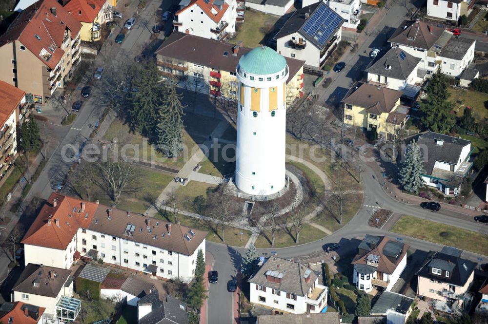 Aerial image Hockenheim - View of the built of reinforced concrete water tower in the center of the city. The landmark of the city was built over 100 years ago