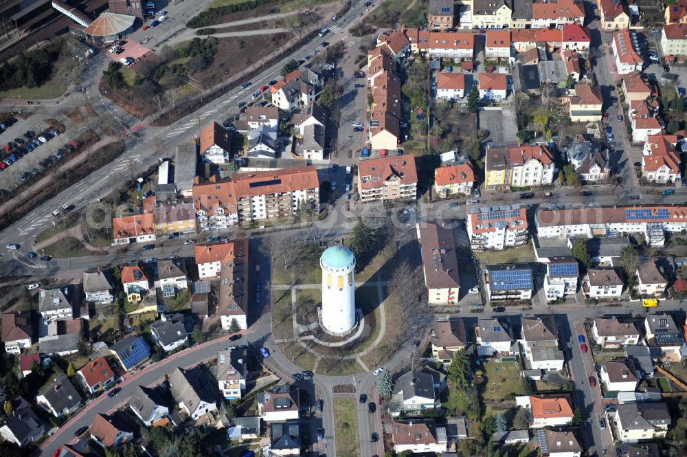 Aerial photograph Hockenheim - View of the built of reinforced concrete water tower in the center of the city. The landmark of the city was built over 100 years ago