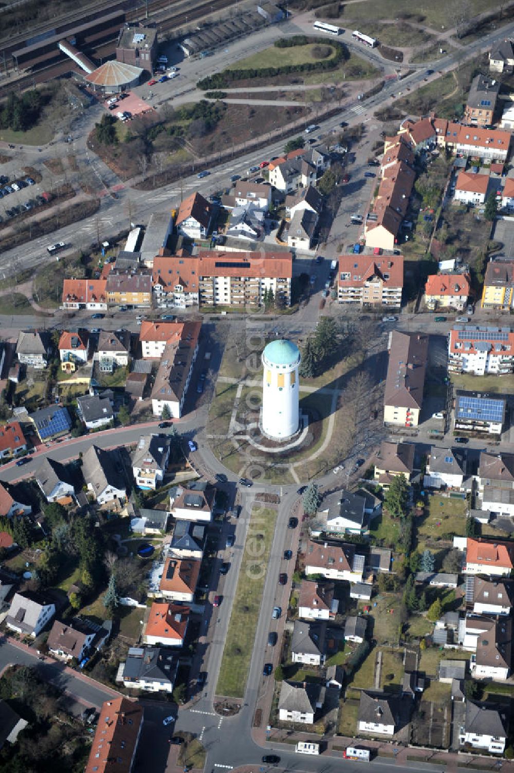 Hockenheim from above - View of the built of reinforced concrete water tower in the center of the city. The landmark of the city was built over 100 years ago