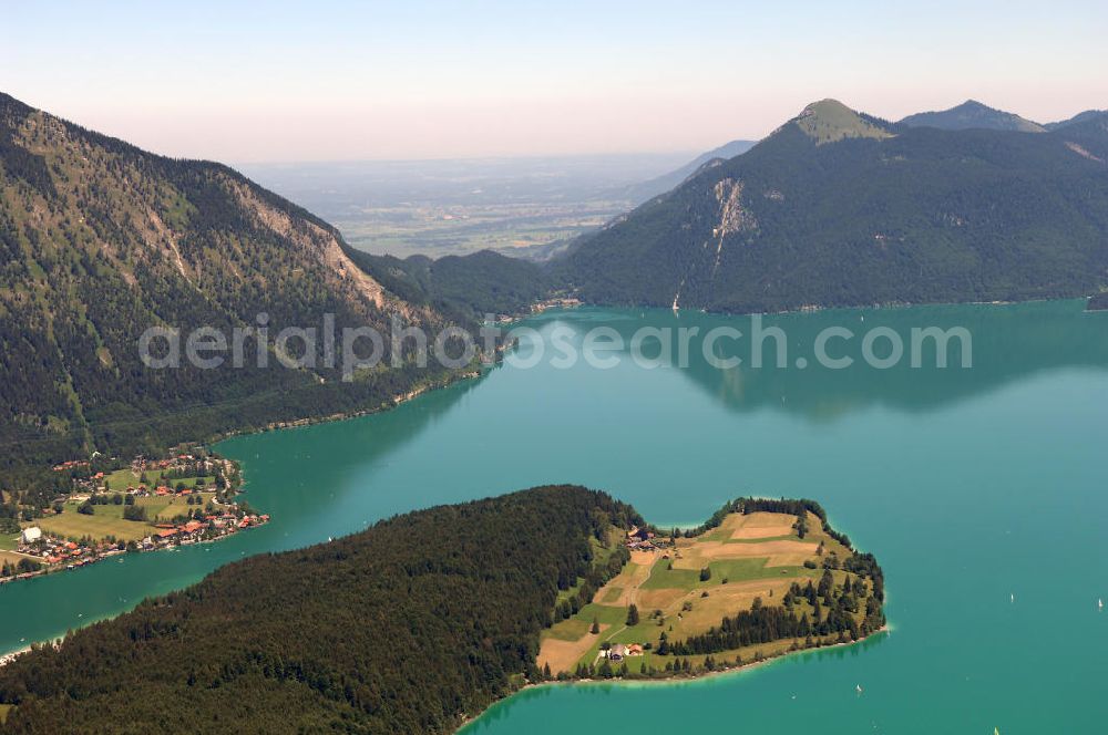 Aerial image Kochel am See - Der Walchensee ist einer der tiefsten und zugleich auch einer der größten Alpenseen Deutschlands. Seine Fläche hat die Form eines nach Norden gerichteten Dreiecks. Er gehört mit seiner gesamten Fläche einschließlich der Insel Sassau zur Gemeinde Kochel am See und liegt deshalb mitten in den Bayrischen Alpen.