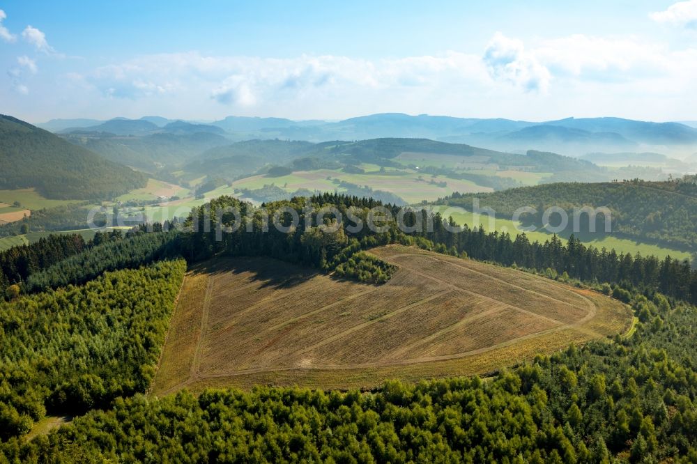 Meschede from above - Forest and mountain scenery in Meschede in the state North Rhine-Westphalia, Germany