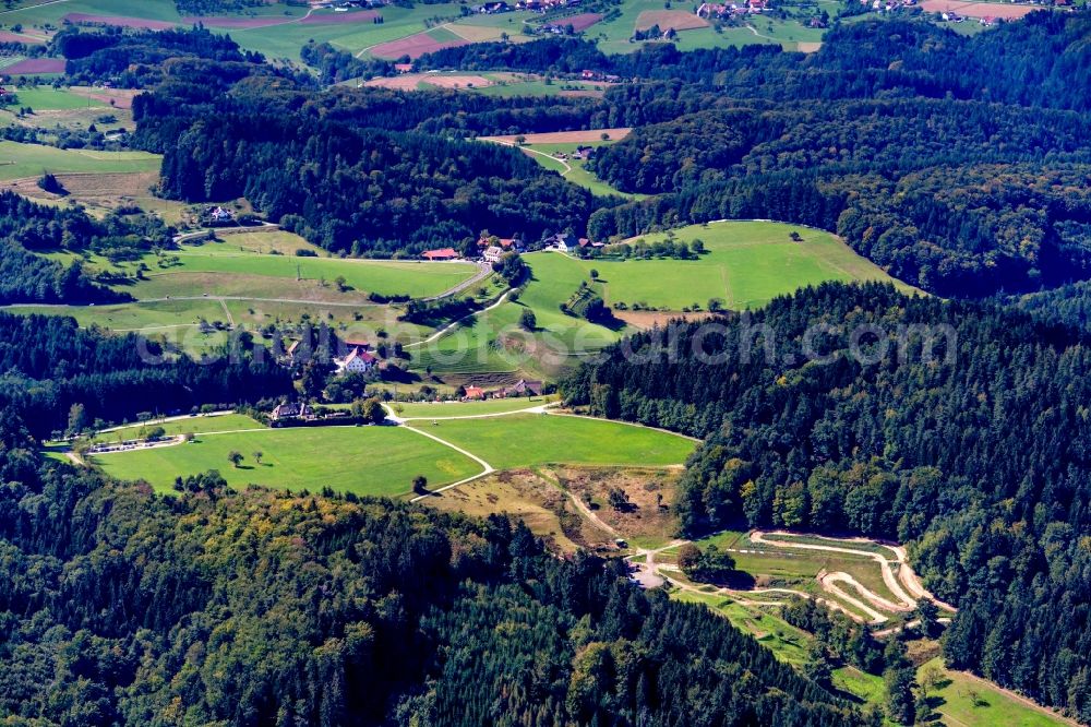 Schuttertal from the bird's eye view: Forest and mountain scenery Am Pflingsteck in Schuttertal in the state Baden-Wurttemberg, Germany