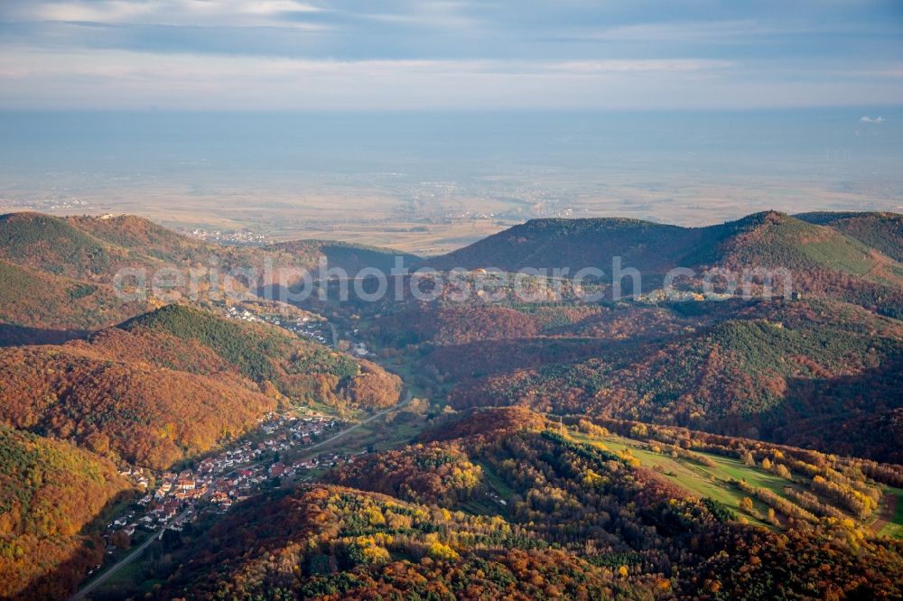 Waldrohrbach from above - Forest and mountain scenery of the Pfaelzerwald in fall in Waldrohrbach in the state Rhineland-Palatinate, Germany