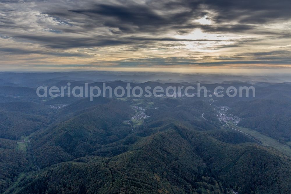 Aerial photograph Wilgartswiesen - Forest and mountain scenery of Pfaelzerwalds at sunset in Wilgartswiesen in the state Rhineland-Palatinate, Germany