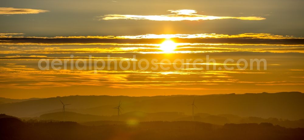 Sundern (Sauerland) from the bird's eye view: Forest and mountain scenery of Sauerlandhuegel in Sundern (Sauerland) in the state North Rhine-Westphalia, Germany