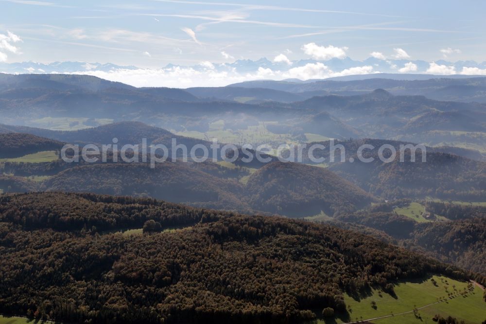 Brislach from the bird's eye view: Forest and mountain scenery in the Swiss Jura mountains south of Basle in the canton Basel-Landschaft, Switzerland