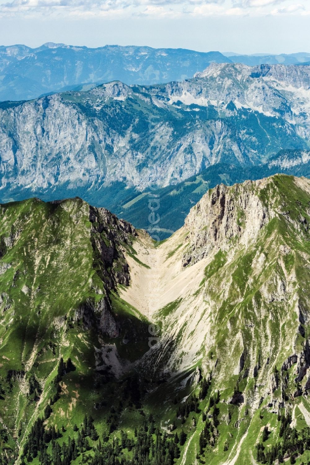 Vordernberg from the bird's eye view: Forest and mountain scenery in Vordernberg in Steiermark, Austria