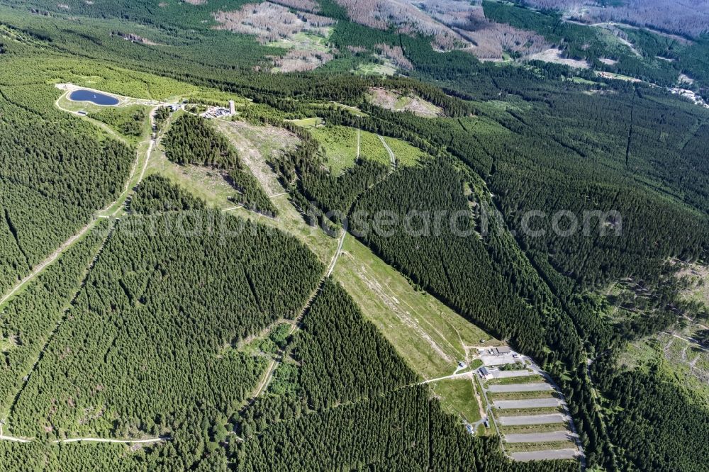 Braunlage from the bird's eye view: Forest and mountain scenery at Wurmberg in Braunlage in the state Lower Saxony, Germany