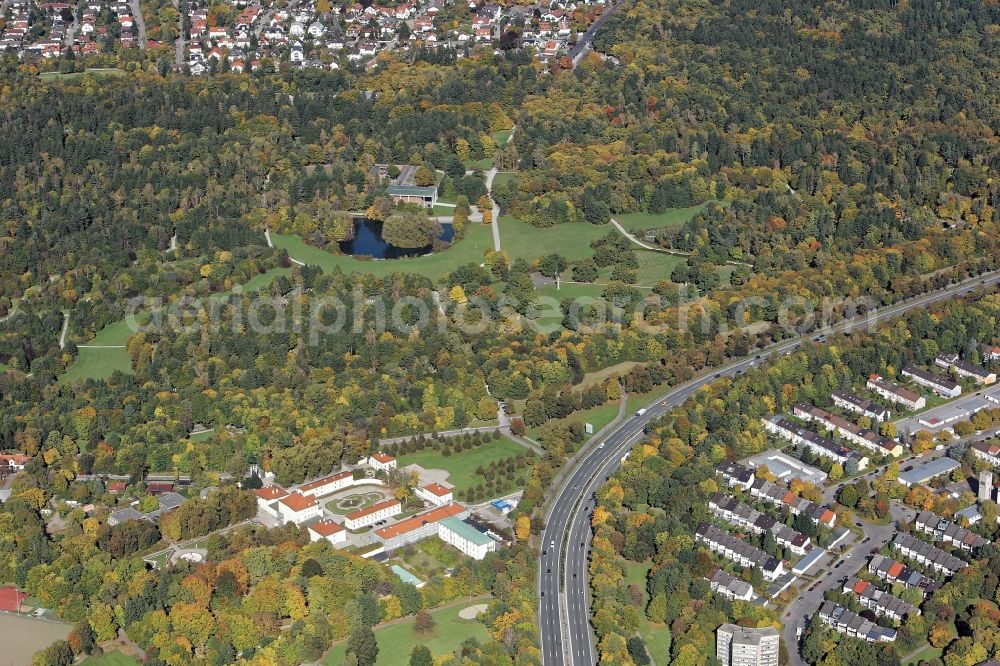 Aerial photograph München - The building complex of hunting and pleasure castle Fuerstenried with the Castle Park is located in Munich in the state Bavaria between Forst-Kasten-Alle and the A95 motorway. Today the castle serves as a retreat house and school pastoral center as well as a conference venue