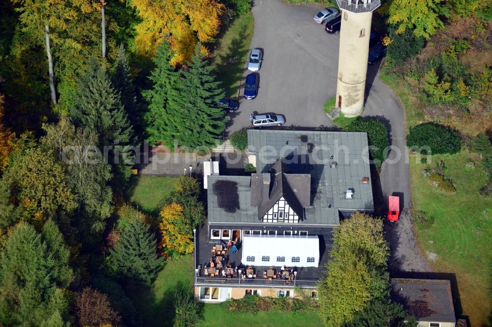 Aerial image Lemgo - View of the woodland restaurant and the observation towerin Lemgo in the state North Rhine-Westphalia. Located in the idyllic city forest in Lemgo, you can celebrate family events, birthdays, wedding and parties in the tower