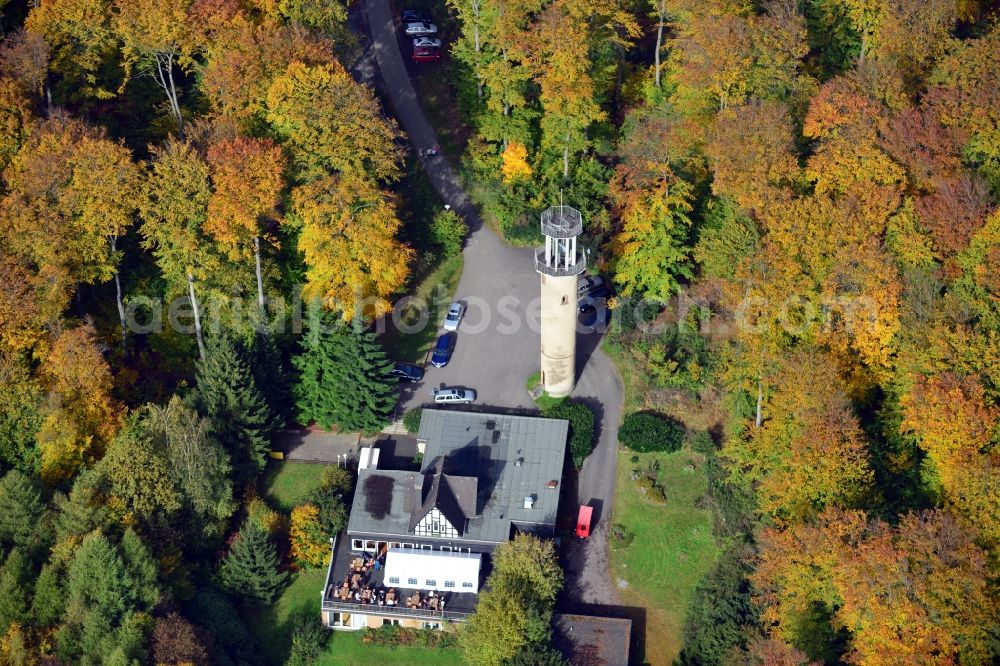 Aerial photograph Lemgo - View of the woodland restaurant and the observation towerin Lemgo in the state North Rhine-Westphalia. Located in the idyllic city forest in Lemgo, you can celebrate family events, birthdays, wedding and parties in the tower