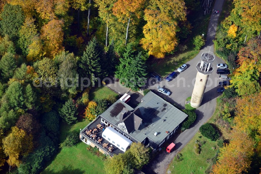 Lemgo from above - View of the woodland restaurant and the observation towerin Lemgo in the state North Rhine-Westphalia. Located in the idyllic city forest in Lemgo, you can celebrate family events, birthdays, wedding and parties in the tower