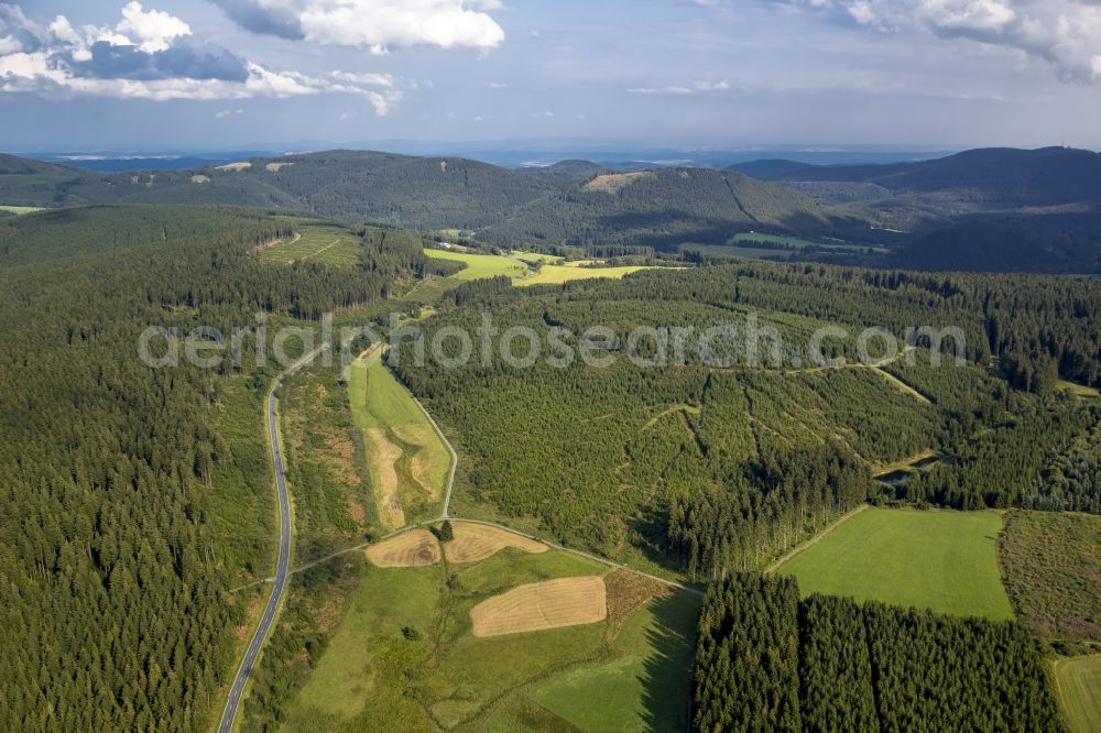 Winterberg from above - A forestland on the road 740 (L740) in the vicinity of Winterberg in the state North Rhine-Westphalia. In this forest area is the spring of the Ruhr