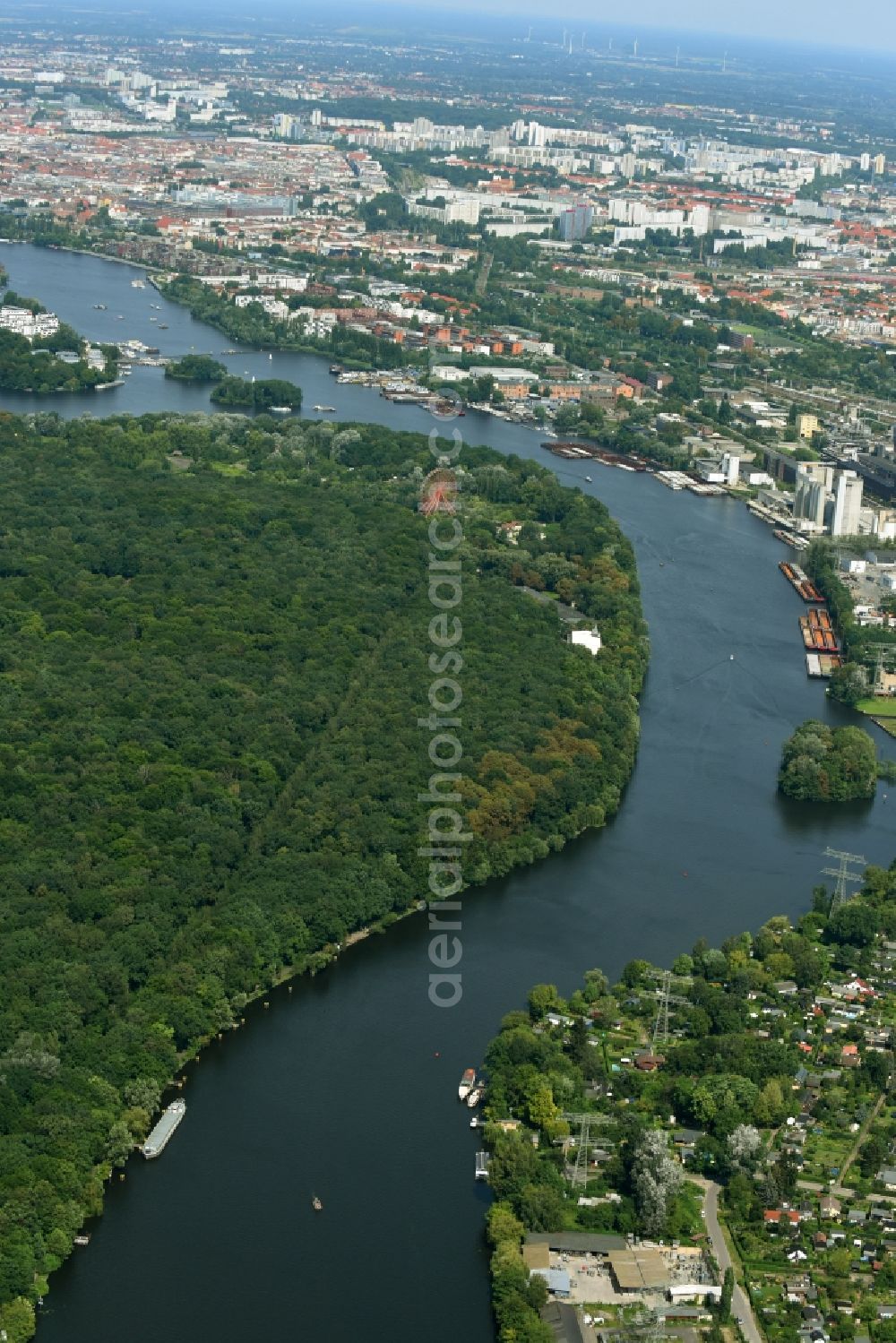 Berlin from above - Forests Plaenterwald on the shores of Spree River in the district Treptow in Berlin, Germany