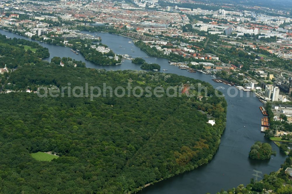 Berlin from the bird's eye view: Forests Plaenterwald on the shores of Spree River in the district Treptow in Berlin, Germany